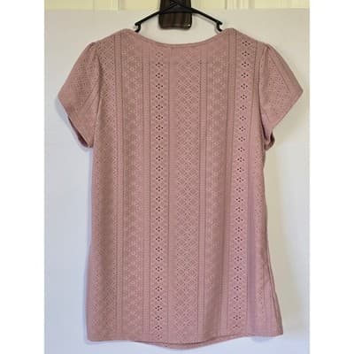 Fashion Women's Mauve Lace Knit Short Sleeve Top Size L - Thumbnail 10