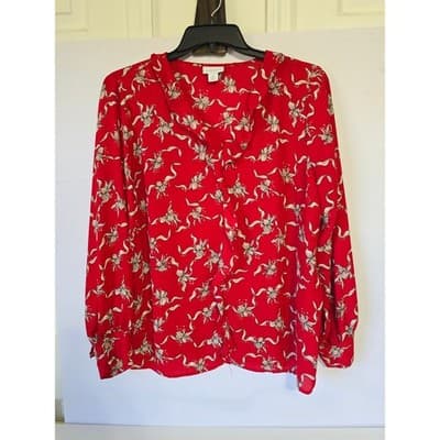 Liz Claiborne Red Floral Print Long Sleeve Blouse Top Womens XL - Thumbnail 10