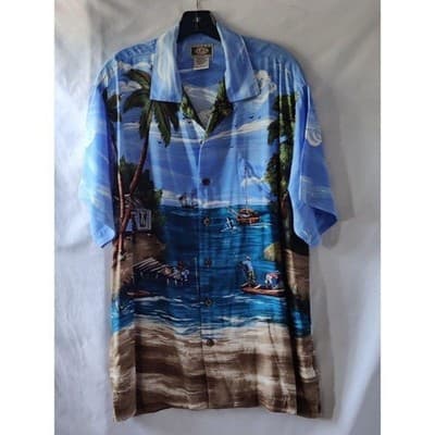 Mens Hawaiian Shirt Size L Global Tracking GPS Blue Short Sleeve Button Up - Image 1