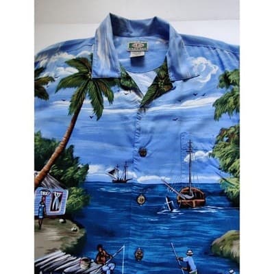 Mens Hawaiian Shirt Size L Global Tracking GPS Blue Short Sleeve Button Up - Thumbnail 3