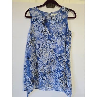Fever Women Blue White Floral Lace Print Sleeveless Keyhole Neck Tank Top S - Thumbnail 2