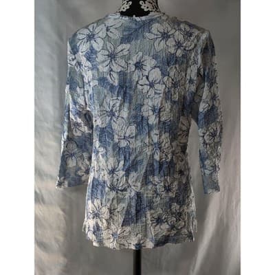 CD Petites Blue White Floral Crinkle Tunic Top Petite PS - Thumbnail 3