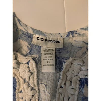 CD Petites Blue White Floral Crinkle Tunic Top Petite PS - Thumbnail 5