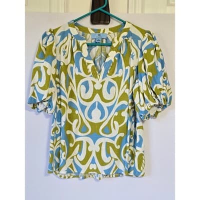 CeCe Blouse Puff Sleeve Split Neck Geometric Print Women's M - Image 1