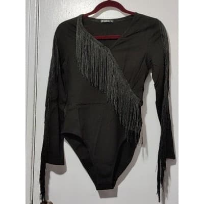 S Fringe Bodysuit Long Sleeve V Neck Party Top Black - Thumbnail 11