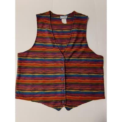 Jazz Sport California Vintage Multicolor Striped Textured Button Front Vest L - Thumbnail 10