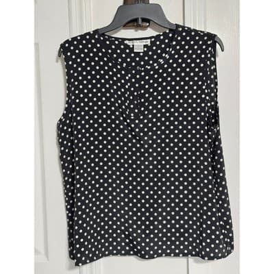 Hana Sung Black White Polka Dot Sleeveless Blouse Top Large Button Front - Thumbnail 9