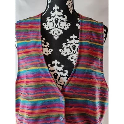 Jazz Sport California Vintage Multicolor Striped Textured Button Front Vest L - Thumbnail 8