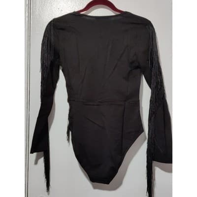 XL Fringe Bodysuit Long Sleeve V Neck Party Top Black - Thumbnail 8