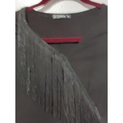 XL Fringe Bodysuit Long Sleeve V Neck Party Top Black - Thumbnail 10