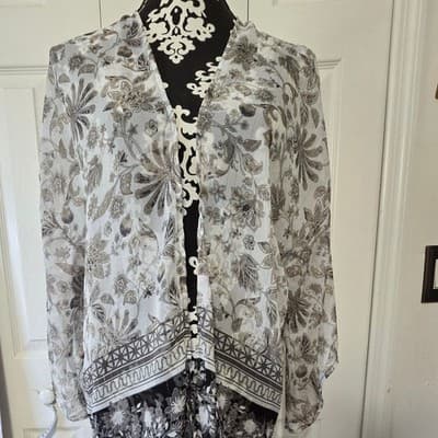 APT 9 Sheer Floral Kimono Cardigan Duster White Gray Metallic Size M - Thumbnail 2
