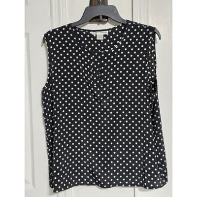 Hana Sung Black White Polka Dot Sleeveless Blouse Top Large Button Front - Image 1