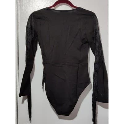 S Fringe Bodysuit Long Sleeve V Neck Party Top Black - Thumbnail 8