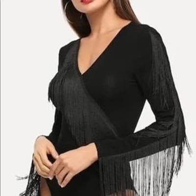 S Fringe Bodysuit Long Sleeve V Neck Party Top Black - Thumbnail 3