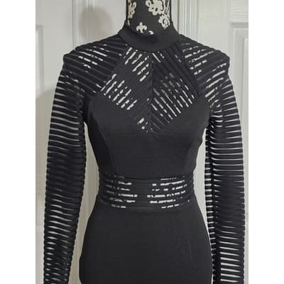 Akira Chicago Black Label Mesh Panel Bodycon Dress Mock Neck Long Sleeve Small - Thumbnail 16