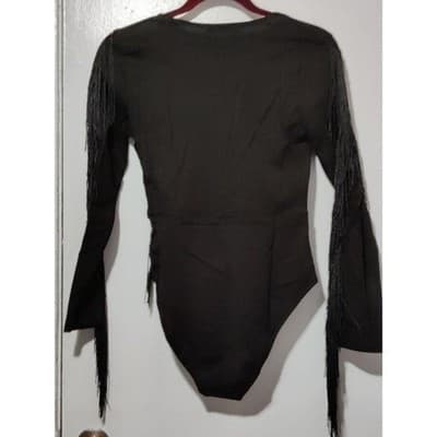 S Fringe Bodysuit Long Sleeve V Neck Party Top Black - Thumbnail 5