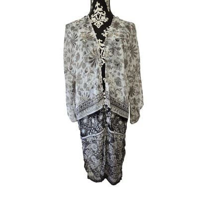 APT 9 Sheer Floral Kimono Cardigan Duster White Gray Metallic Size M - Image 1
