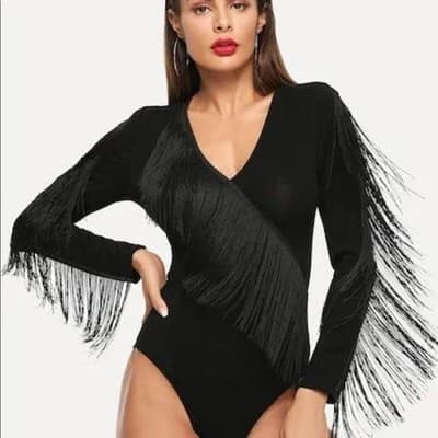 S Fringe Bodysuit Long Sleeve V Neck Party Top Black - Thumbnail 12