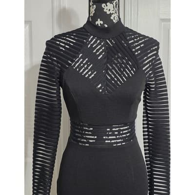 Akira Chicago Black Label Mesh Panel Bodycon Dress Mock Neck Long Sleeve Small - Thumbnail 17