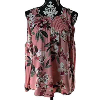 7th Avenue Design Studio New York Floral Bird Cold Shoulder Pleated Blouse Top S - Image 1