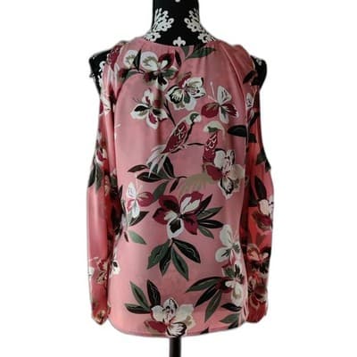 7th Avenue Design Studio New York Floral Bird Cold Shoulder Pleated Blouse Top S - Thumbnail 3