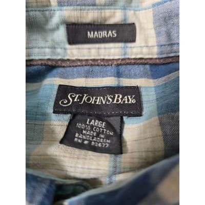 St Johns Bay Madras Shirt Mens Large Blue Plaid Short Sleeve Cotton Button Down - Thumbnail 3