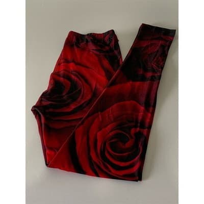 Red Rose Print Yoga Leggings Women's One Size Casual Stretchy Pants - Thumbnail 5