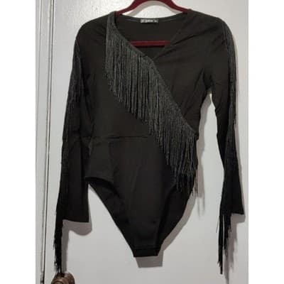 XL Fringe Bodysuit Long Sleeve V Neck Party Top Black - Thumbnail 7