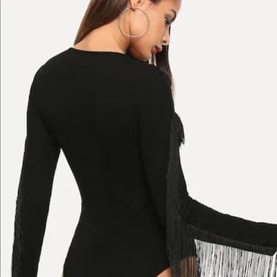 S Fringe Bodysuit Long Sleeve V Neck Party Top Black - Thumbnail 4