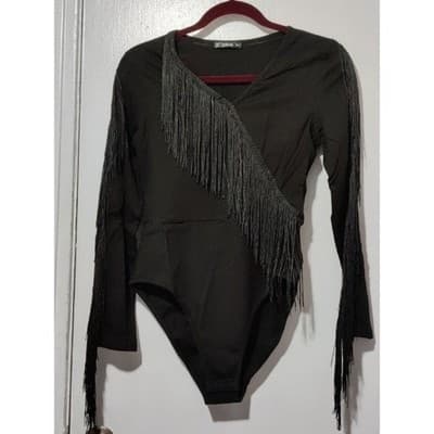 XL Fringe Bodysuit Long Sleeve V Neck Party Top Black - Thumbnail 11