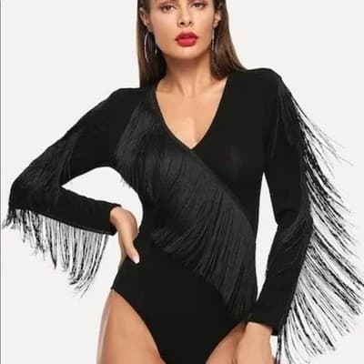 S Fringe Bodysuit Long Sleeve V Neck Party Top Black - Image 1