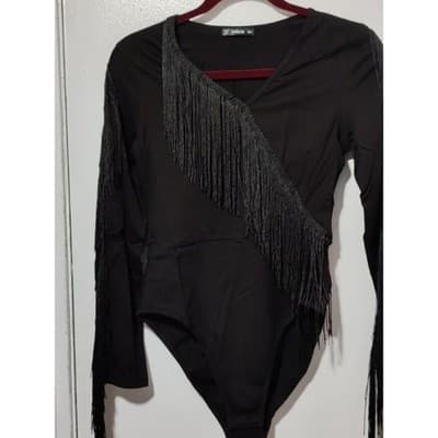 XL Fringe Bodysuit Long Sleeve V Neck Party Top Black - Thumbnail 9