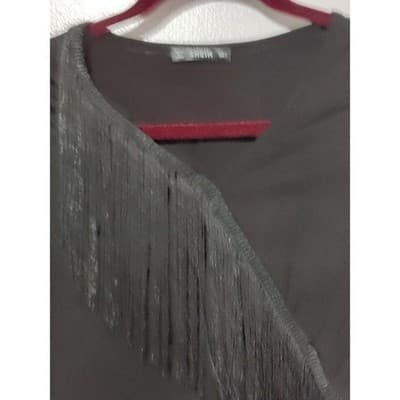 S Fringe Bodysuit Long Sleeve V Neck Party Top Black - Thumbnail 10