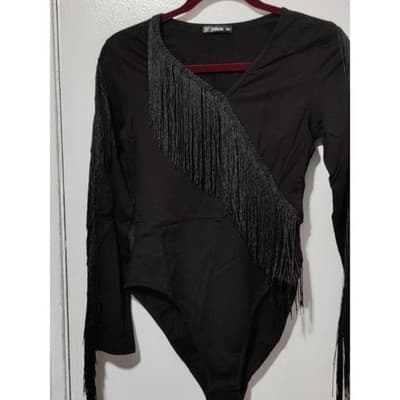 S Fringe Bodysuit Long Sleeve V Neck Party Top Black - Thumbnail 9