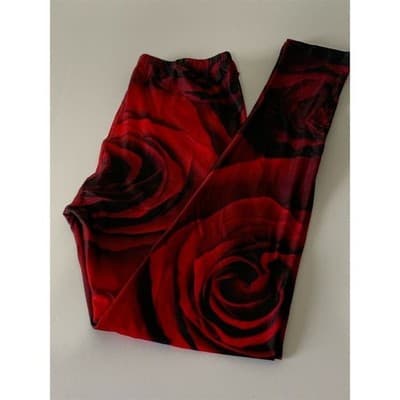 Red Rose Print Yoga Leggings Women's One Size Casual Stretchy Pants - Thumbnail 3