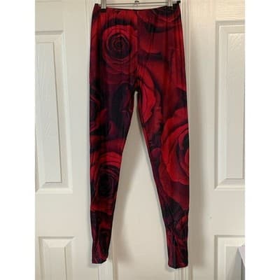 Red Rose Print Yoga Leggings Women's One Size Casual Stretchy Pants - Thumbnail 2