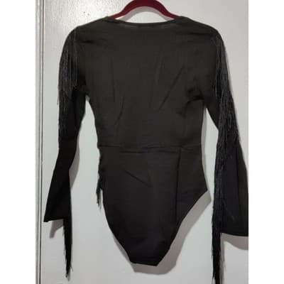 XL Fringe Bodysuit Long Sleeve V Neck Party Top Black - Thumbnail 6