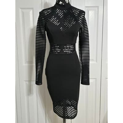 Akira Chicago Black Label Mesh Panel Bodycon Dress Mock Neck Long Sleeve Small - Thumbnail 15