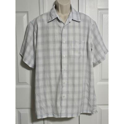 Haggar Mens XL Short Sleeve Plaid Button Down Shirt White Blue Casual Camp Top - Thumbnail 10