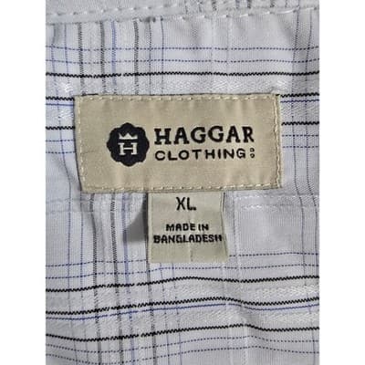 Haggar Mens XL Short Sleeve Plaid Button Down Shirt White Blue Casual Camp Top - Thumbnail 3
