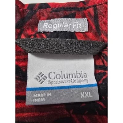 Columbia Mens XXL Red Black Tropical Palm Leaf Print Cotton Short Sleeve Shirt - Thumbnail 3