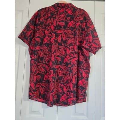 Columbia Mens XXL Red Black Tropical Palm Leaf Print Cotton Short Sleeve Shirt - Thumbnail 2