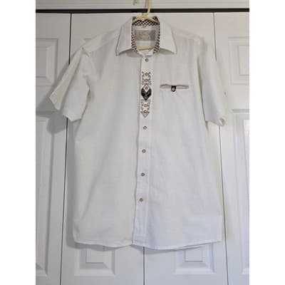 OS Trachten Mens White Embroidered Alpine Short Sleeve Button Down Shirt XL - Thumbnail 8