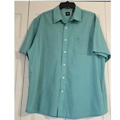 Dockers Mens XL Short Sleeve Button Down Shirt Teal Green Micro Check Plaid - Image 1