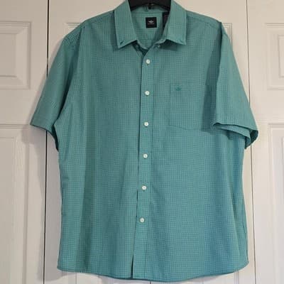 Dockers Mens XL Short Sleeve Button Down Shirt Teal Green Micro Check Plaid - Thumbnail 13