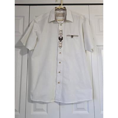 OS Trachten Mens White Embroidered Alpine Short Sleeve Button Down Shirt XL - Image 1