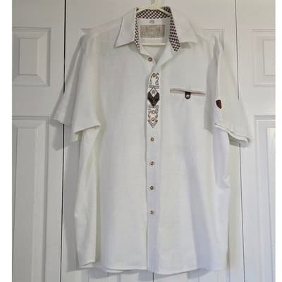 OS Trachten Mens White Embroidered Short Sleeve Button Down Shirt XL Alpine Folk - Thumbnail 8