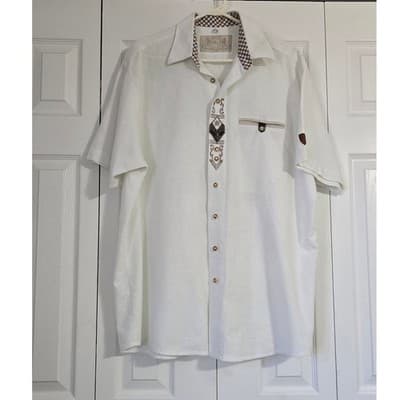 OS Trachten Mens White Embroidered Short Sleeve Button Down Shirt XL Alpine Folk - Image 1