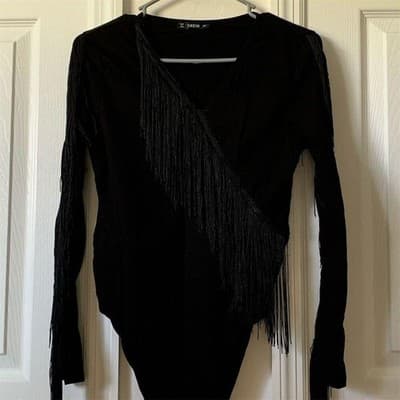 SHEIN Women's One Shoulder Fringe Bodysuit Black Size L - Image 1