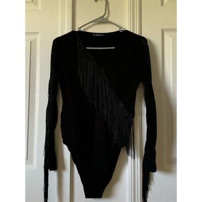 SHEIN Women's One Shoulder Fringe Bodysuit Black Size L - Thumbnail 4